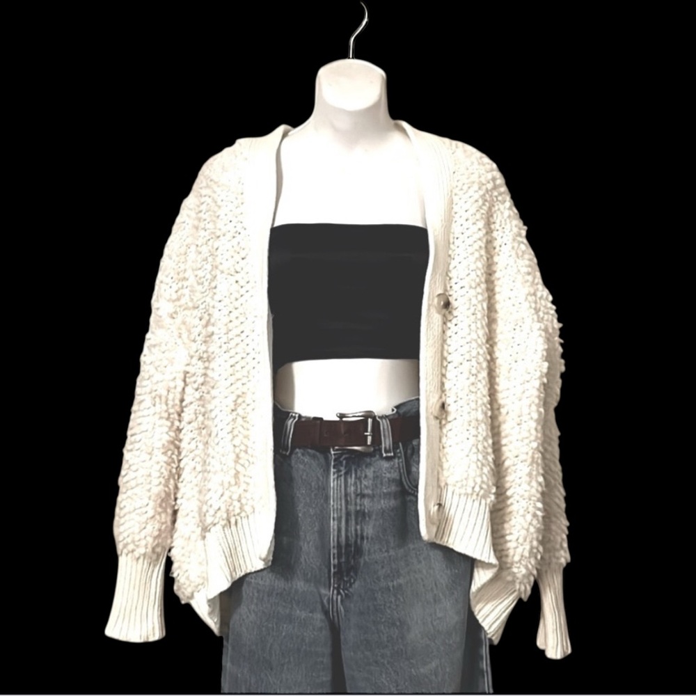 Chunky Textured Nobby Knit Oversized Slouchy Off White Cream Cardigan Sweater S